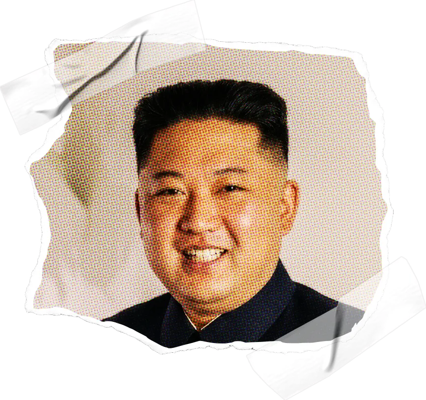 A torn, taped-on photo of Kim Jong-Un's face covering Charles' head